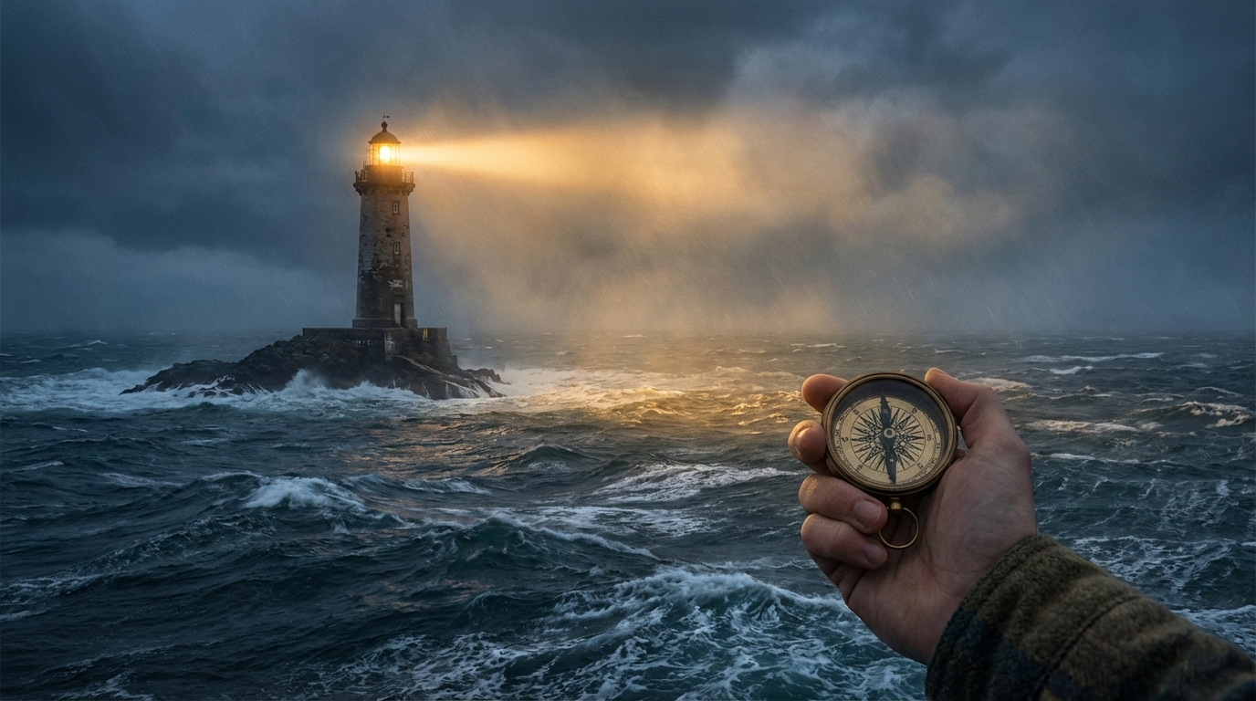 荒波を照らす灯台のイメージ