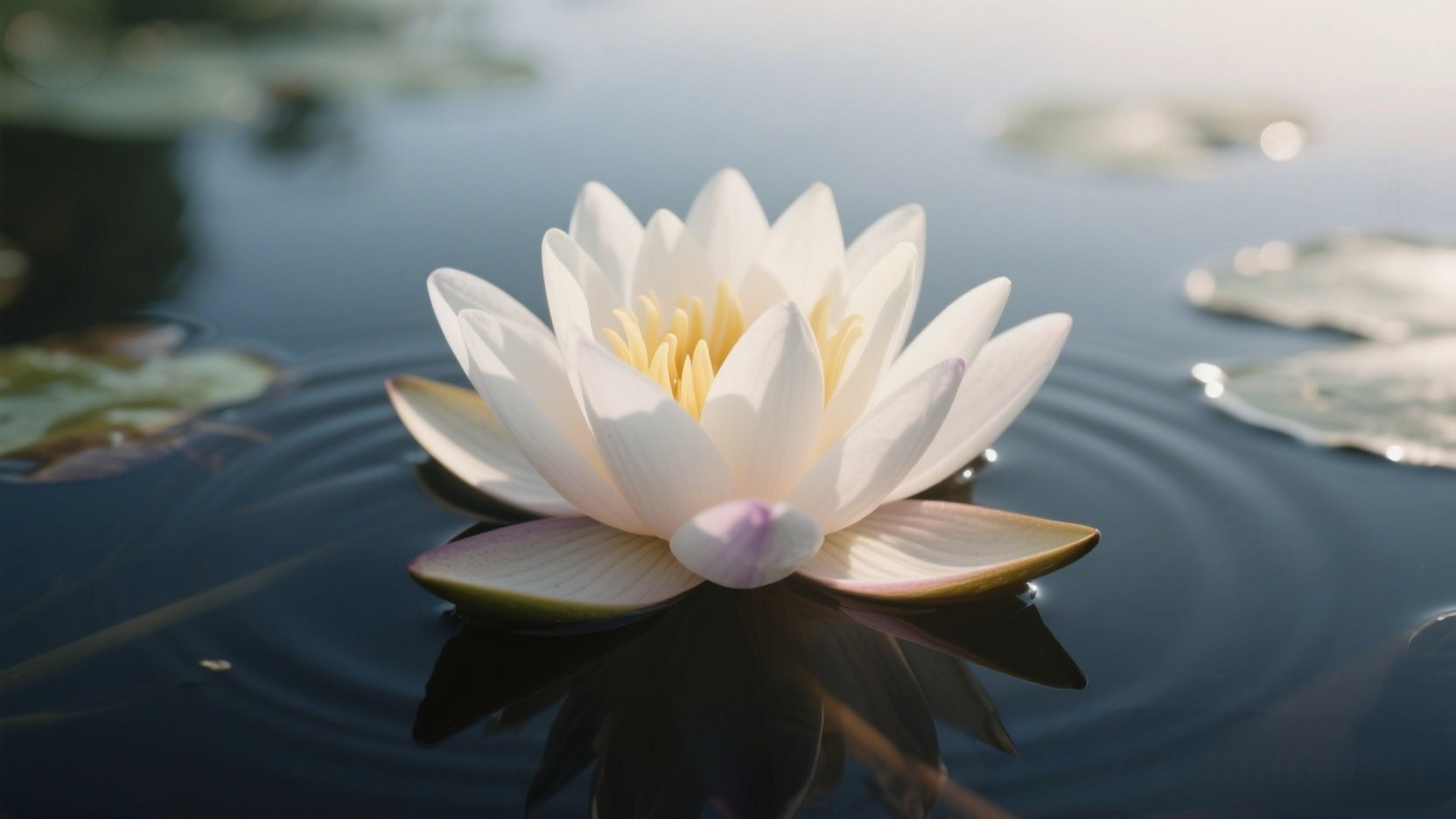 静かな水面に咲く一輪の蓮の花