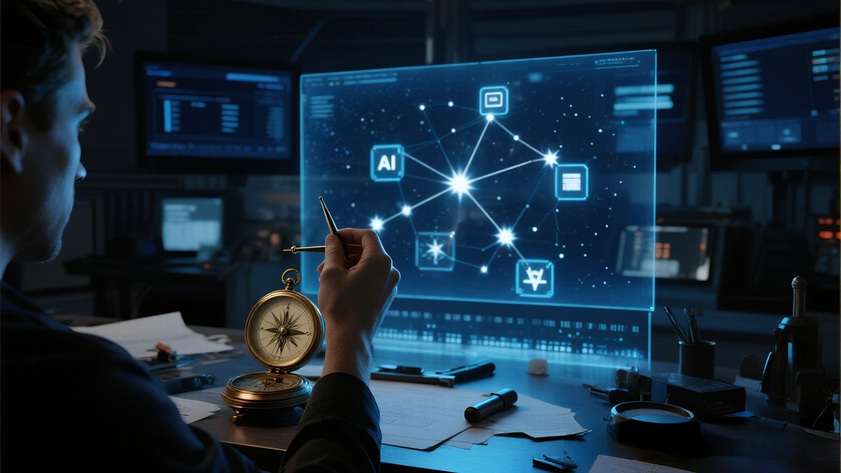 無数のAIツールのアイコンが星のように輝く夜空と、それを指し示す羅針盤