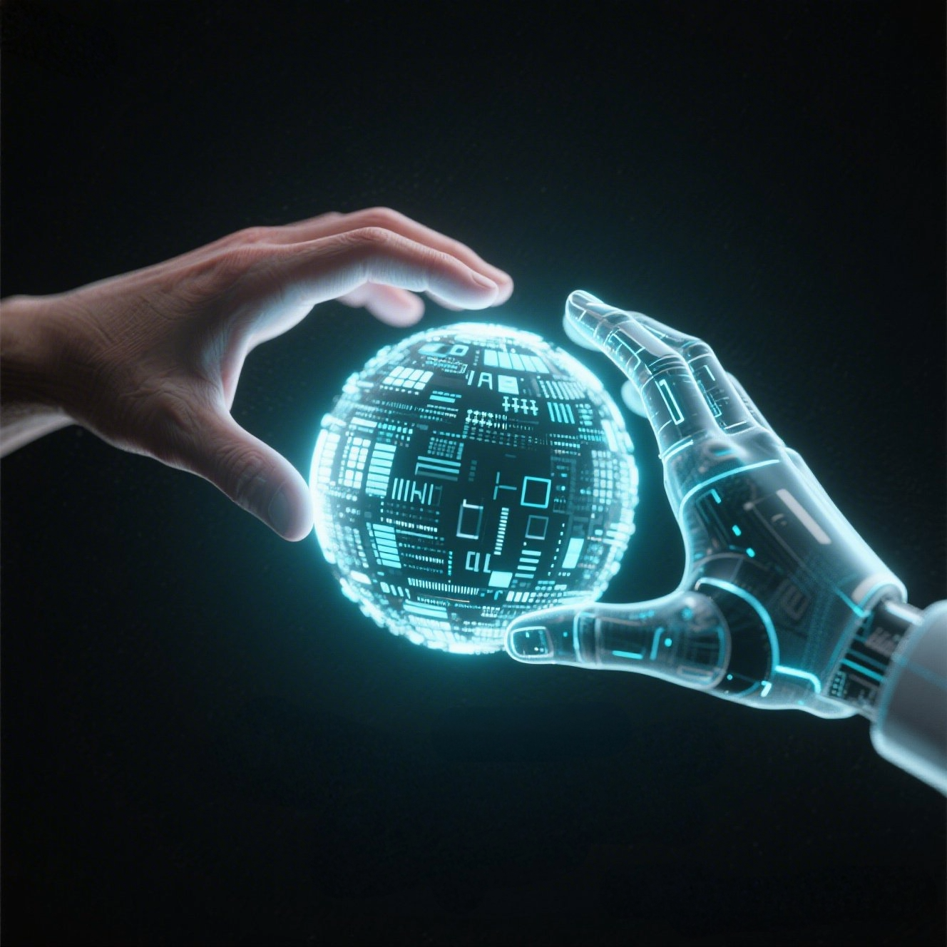 未来的なオフィスで、人間がAIと共にホログラムを操作している様子