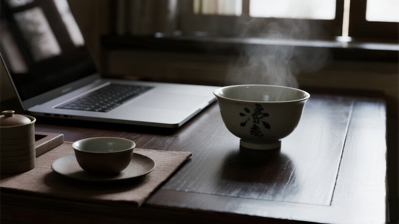 静かな茶室で、一筋の光が茶碗を照らしている様子