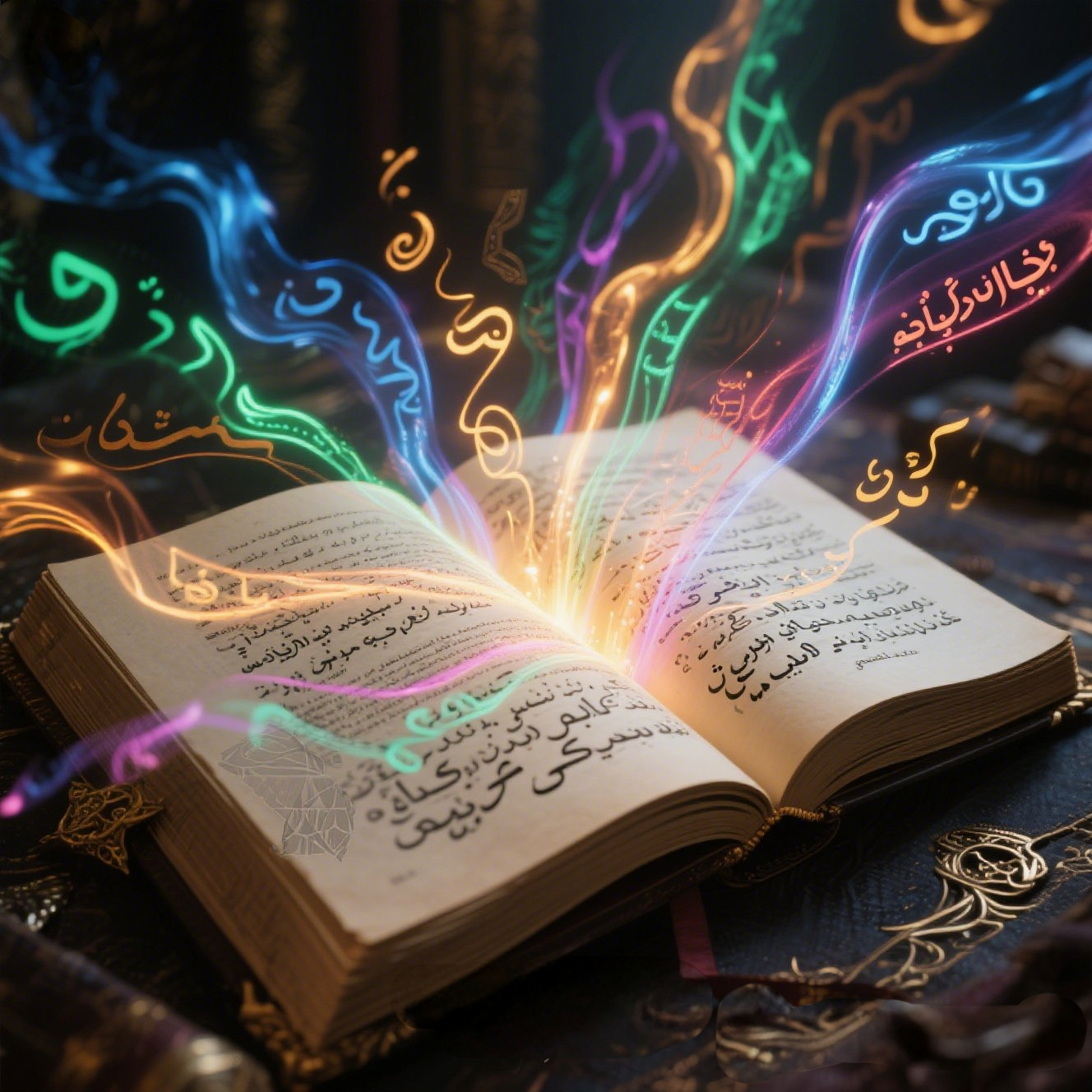 開かれた古い本から多色の光が放たれている様子