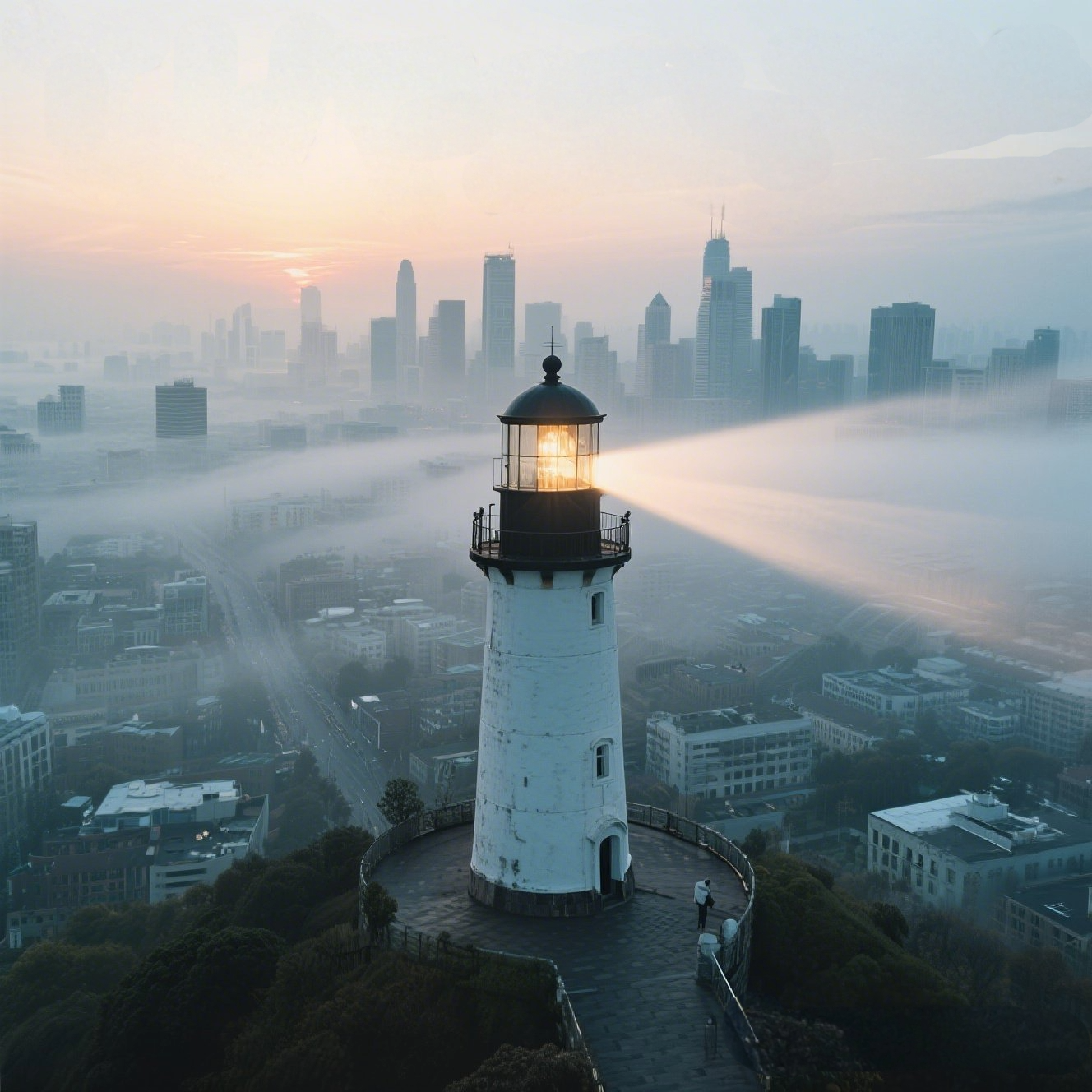 厚い霧に覆われた現代都市を、灯台の光が照らしている様子