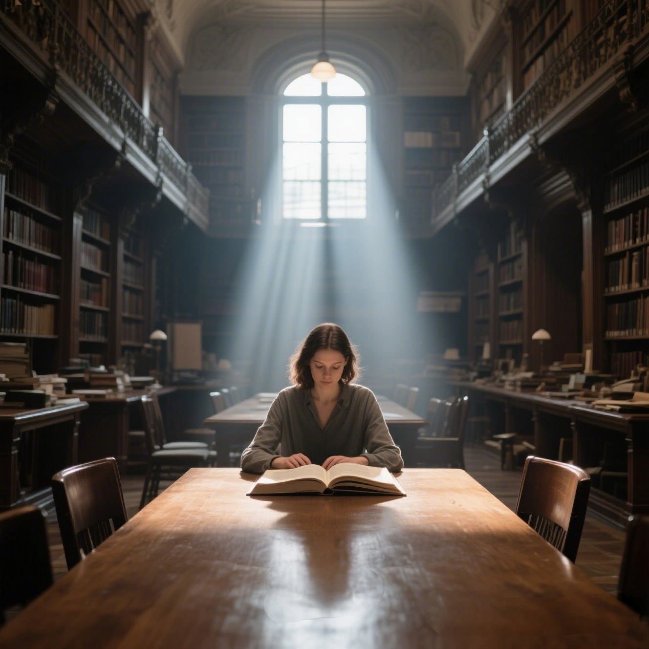 静かな図書館で、一人の人物が本に深く集中している様子