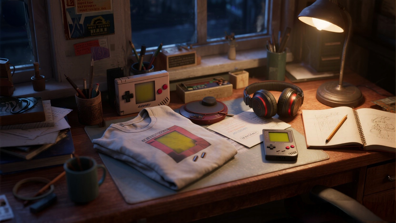 デザインTシャツが丁寧に畳まれ、その横にヘッドフォンとスケッチブックが置かれている様子